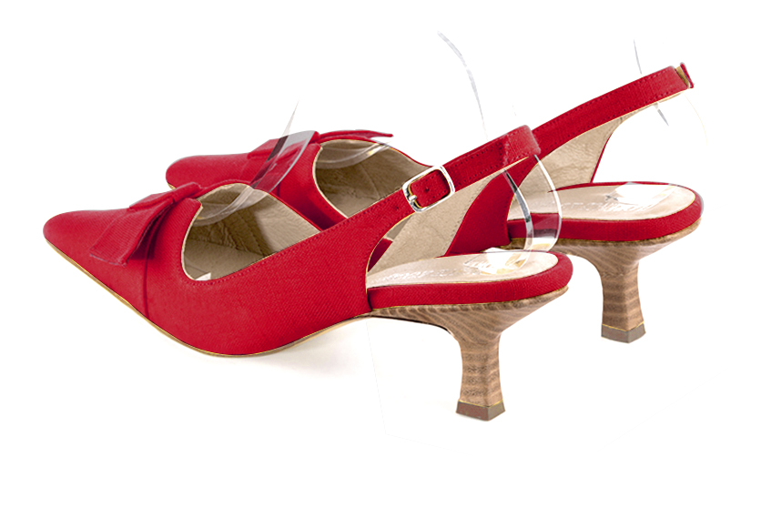 Cardinal red women's open back shoes, with a knot. Tapered toe. Medium spool heels. Rear view - Florence KOOIJMAN